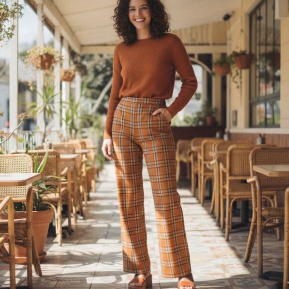 Vintage Pants - Vintage 70s Inspired Plaid Trousers Orange Womens S/M Academia